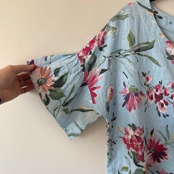 BELLAMBRA Floral Blouse Linen Short Sleeve Round Neck Pullover Blue Red Small - Picture 5 of 9